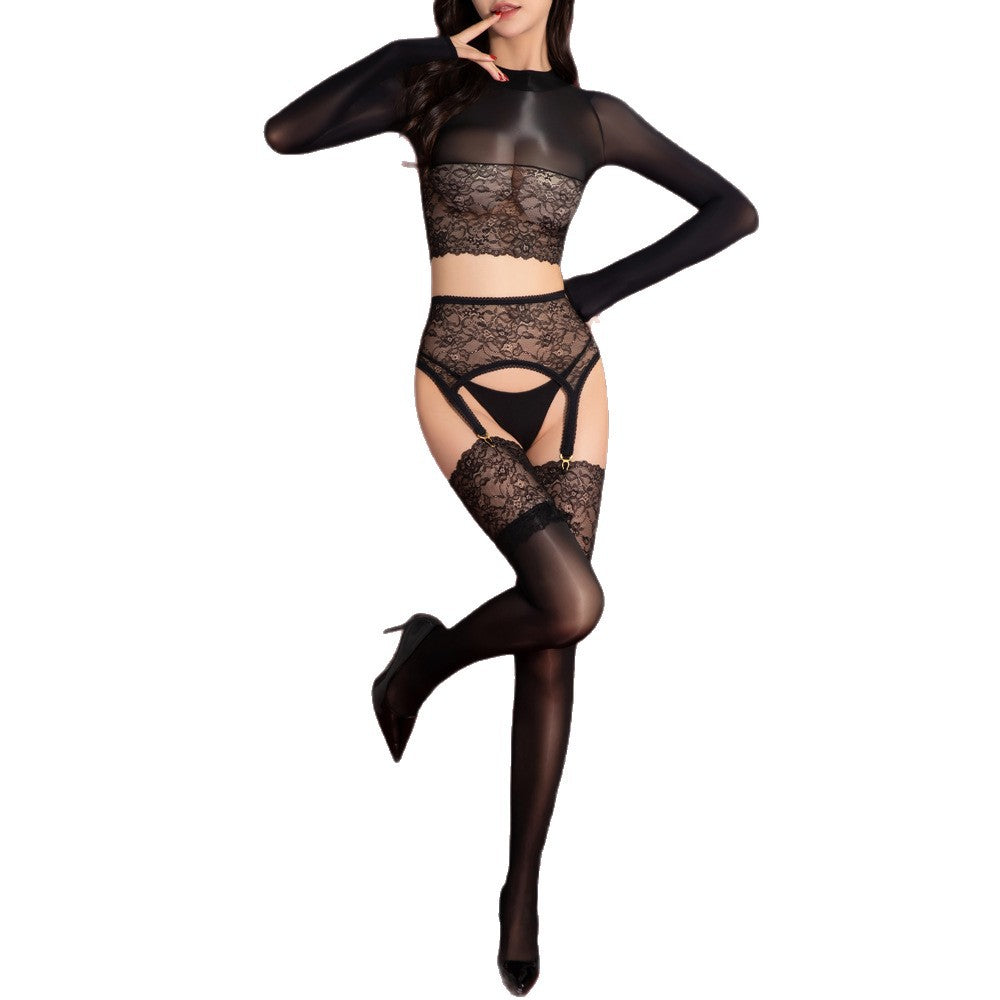 Glossy Black Lace Top Thigh High Stockings - Sheer Shiny Nylon Hosiery with Back Seam Detail